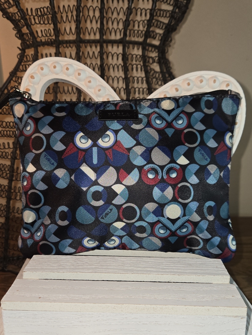 Furla  Navy and Blue Geometric Cosmetic Pouch